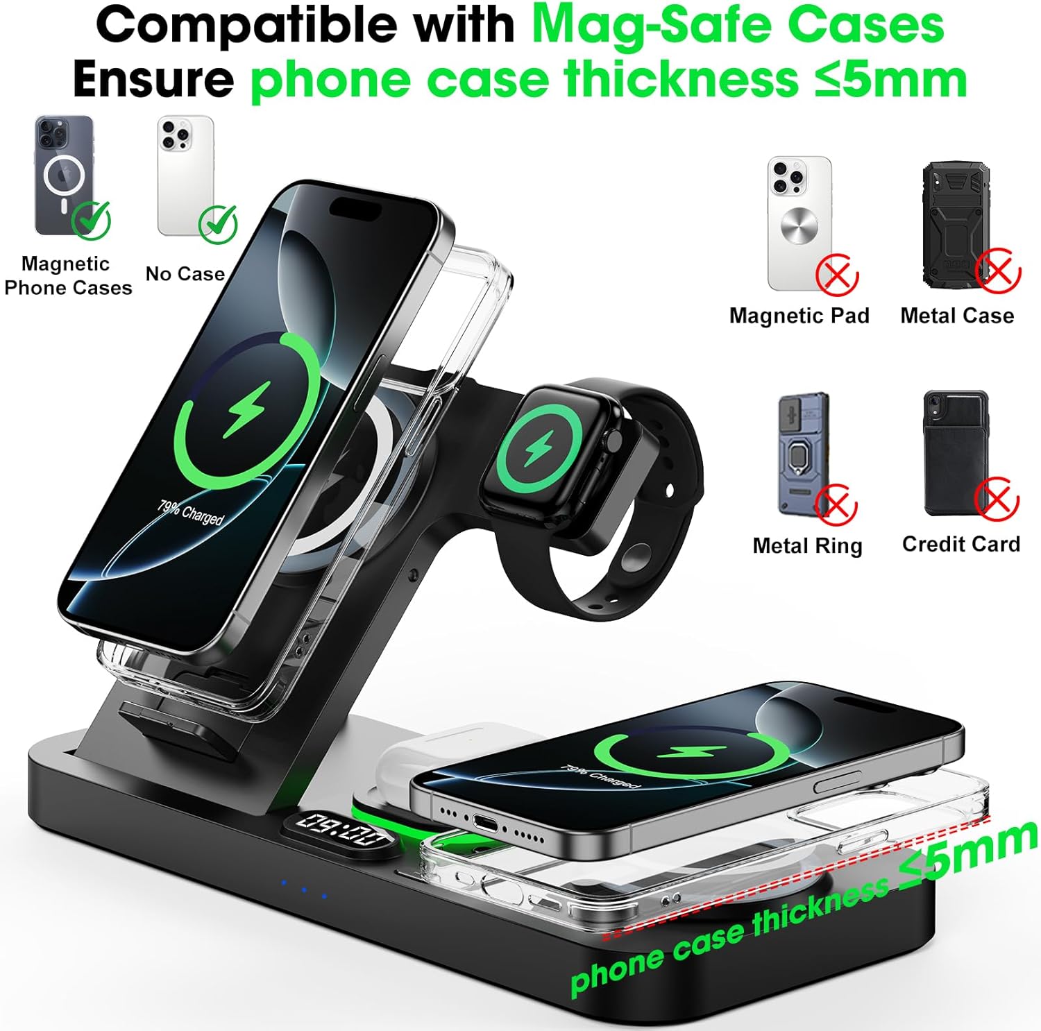 Dual Phone Wireless Charging Station for Apple Devices, Magnetic Charging Station for iPhone with Auto Switch 7-Color Light&Clock, Family Watch Charger for iPhone17 for iWatch11 for AirPods Pro3(Black