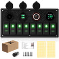 8 Gang Rocker Switch Panel, 3.1A Dual USB Charger Socket with Multi-Function LED Digital Voltmeter, 12/24V Wired Toggle Switch Panel for Automotive Cars Marine Boats RVs(Green)