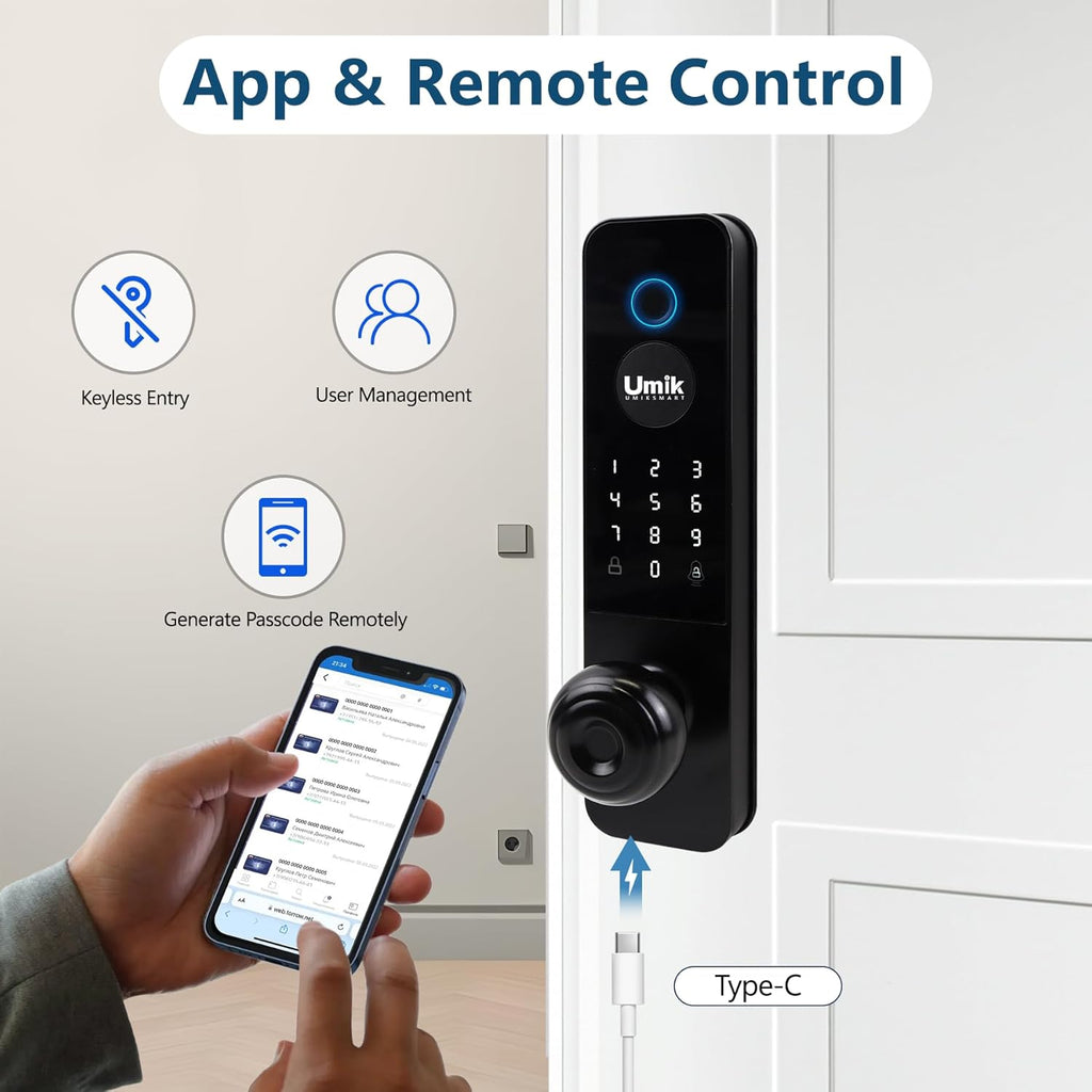 Smart Door Lock, Keyless Entry Fingerprint Door Lock with Knob, Electronic Smart Door Knob with Digital Keypad, App Remote Control, WiFi Smart Deadbolt Lock for Front Door, Matte Black