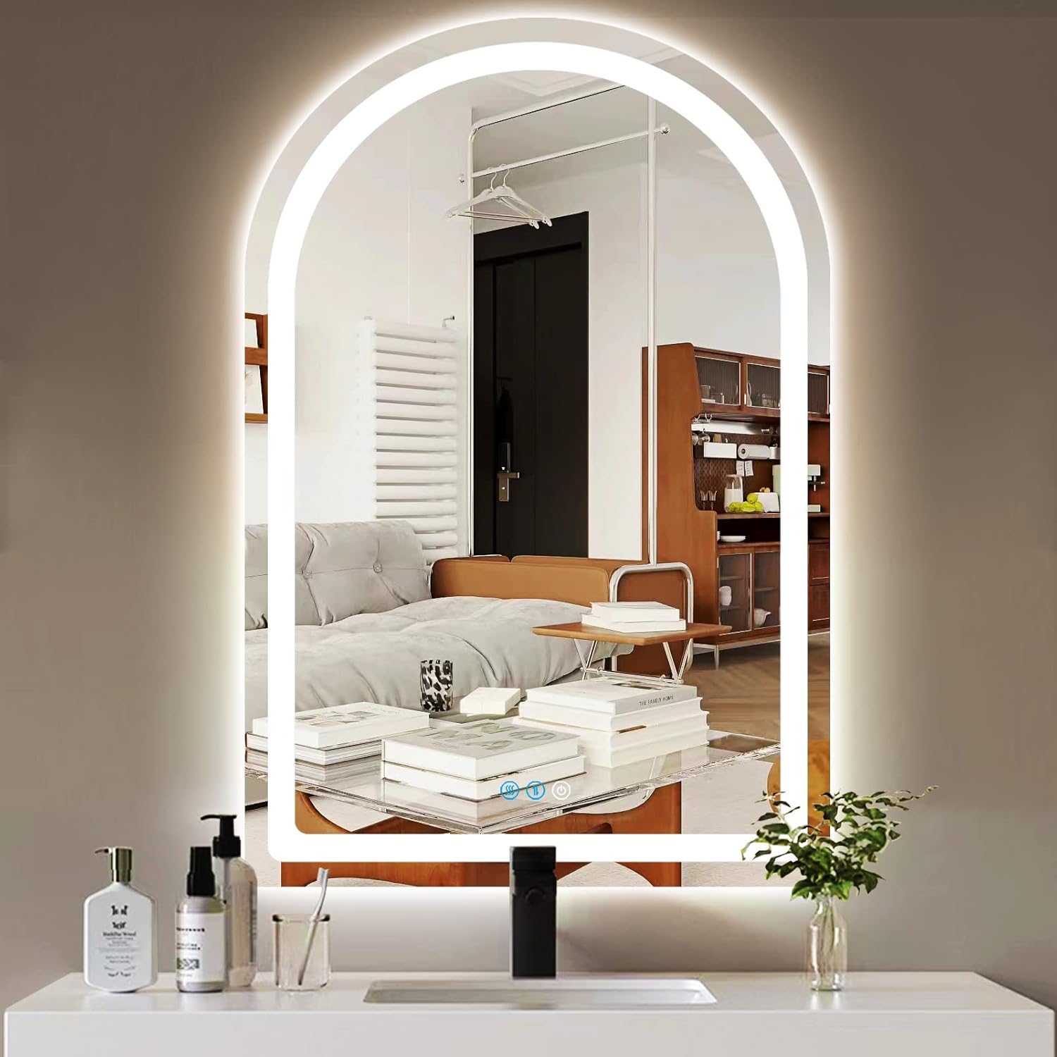THEKLA 24 x 32 Inch LED Arched Mirror with Lights Memory 3 Color Adjustable Brightness Frontlight Arch Lighted Vanity Mirror for Bathroom Wall TableTop AntiFog 32" Bathroom Smart Arch Light up Mirrors