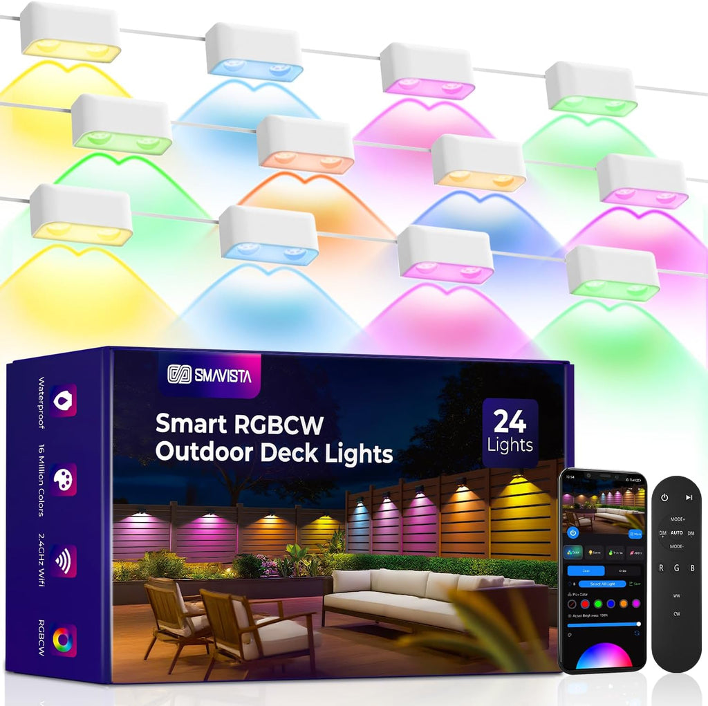 Outdoor Deck Lights 24 Packs, Smart RGBCW Fence Light, 100+ Scene Modes, Dual Lens LED String Lights with APP/Voice/Remote Control, IP65 Waterproof for Halloween Christmas Decor, 157ft White