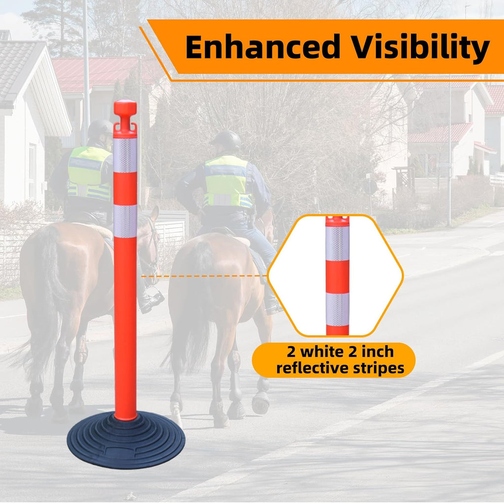 6 Pack 39 Inch Red Traffic Delineator Posts with 2 White Reflective Collars, Safety Posts Cones with 6.6 Feet Chains and 14 Inch Rubber Base for Road Safety,Parking Lot (Red)