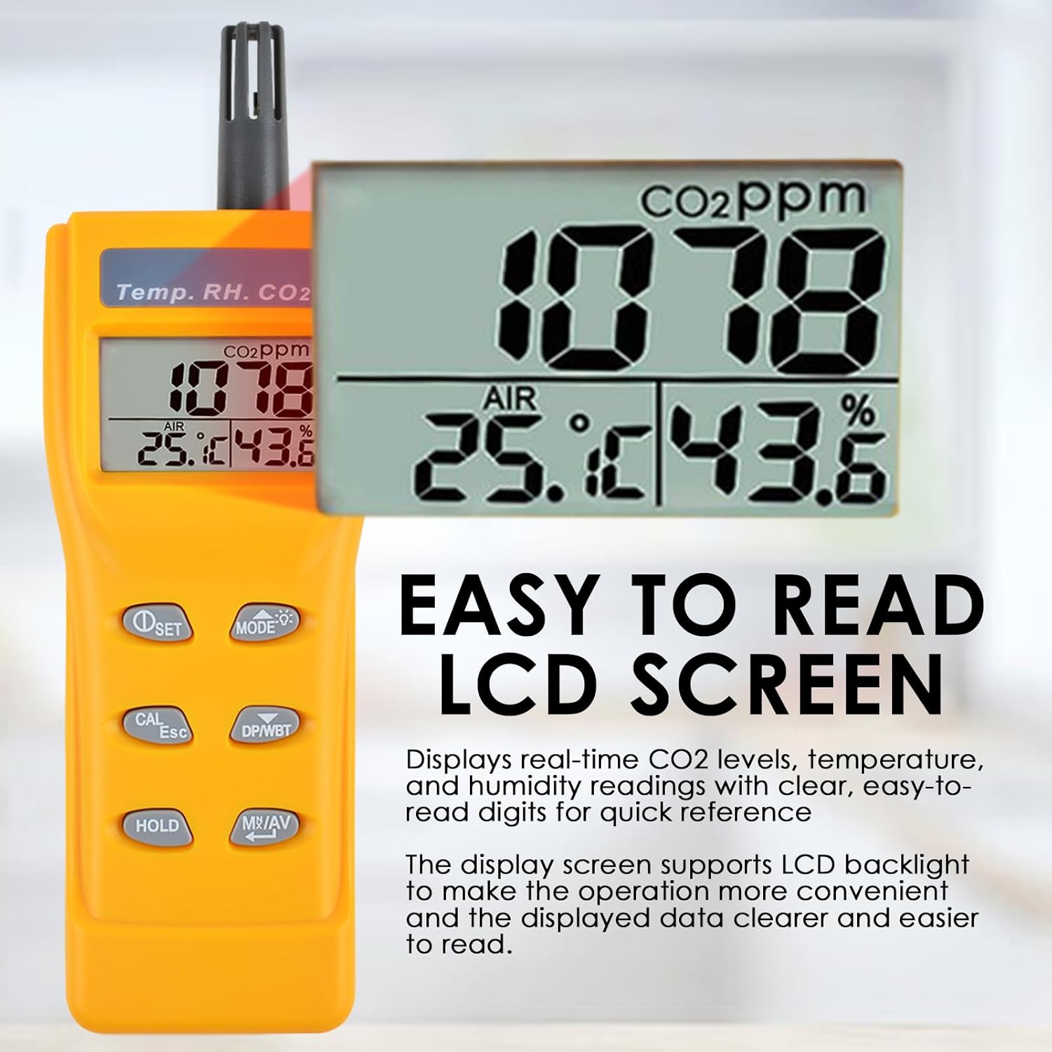 CO2 Meter Portable CO2 Detector Digital CO2 Monitor with Alarm Function Carbon Dioxide Temperature and Humidity Meter, NDIR CO2 Sensor Indoor Air Quality Monitor for Home Office Grow Room