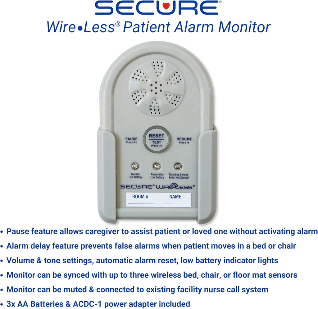Secure Wireless Floor Mat Bed Alarm for Seniors - Wireless Alarm Monitor, Floor Mat Sensor, Transmitter, Power Adapter - No Noise in Patient Room - Fall &Wandering Prevention for Elderly Dementia
