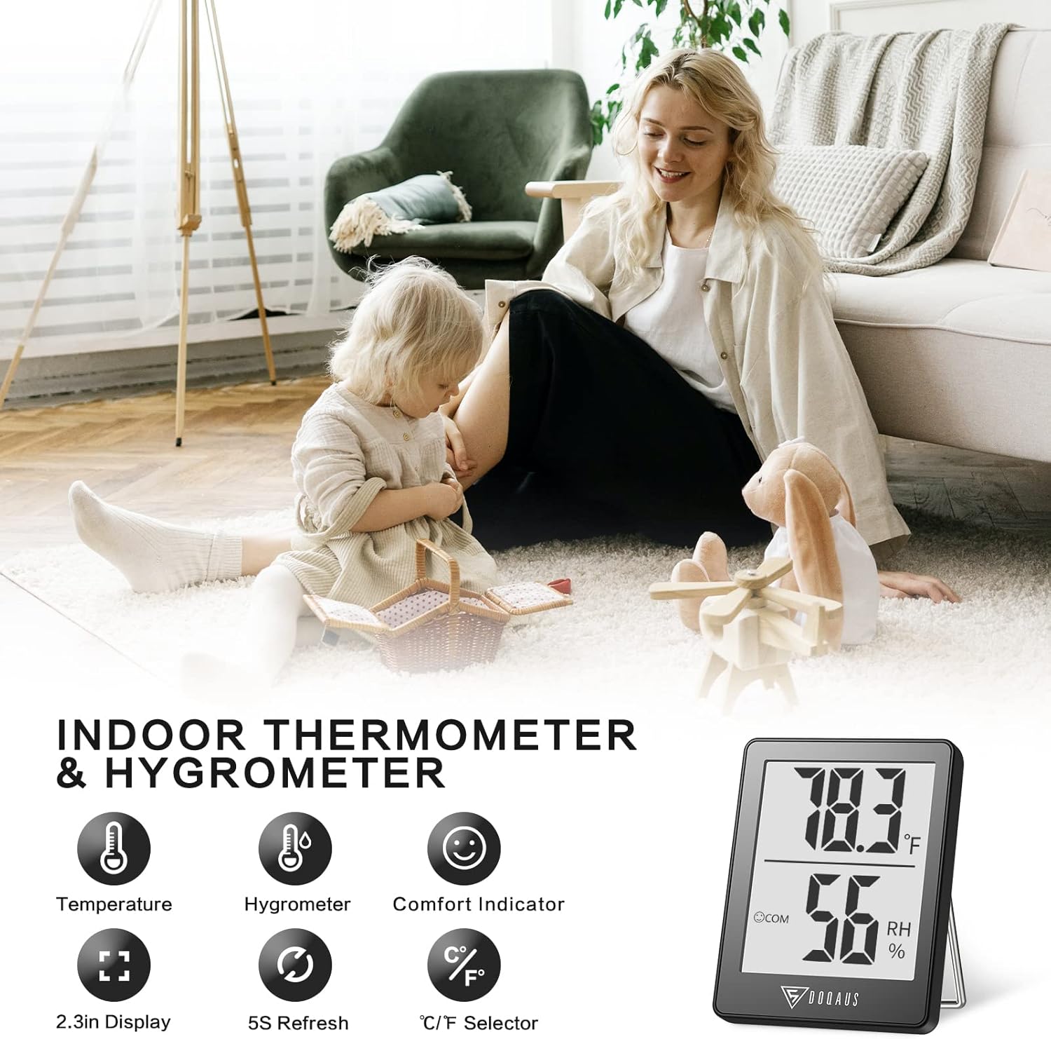 DOQAUS Digital Hygrometer Indoor Thermometer Room Thermometer with 5s Fast Refresh Temperature Humidity Monitor for Bed Room, Baby Room, Basement, Greenhouse, Office (Grey)