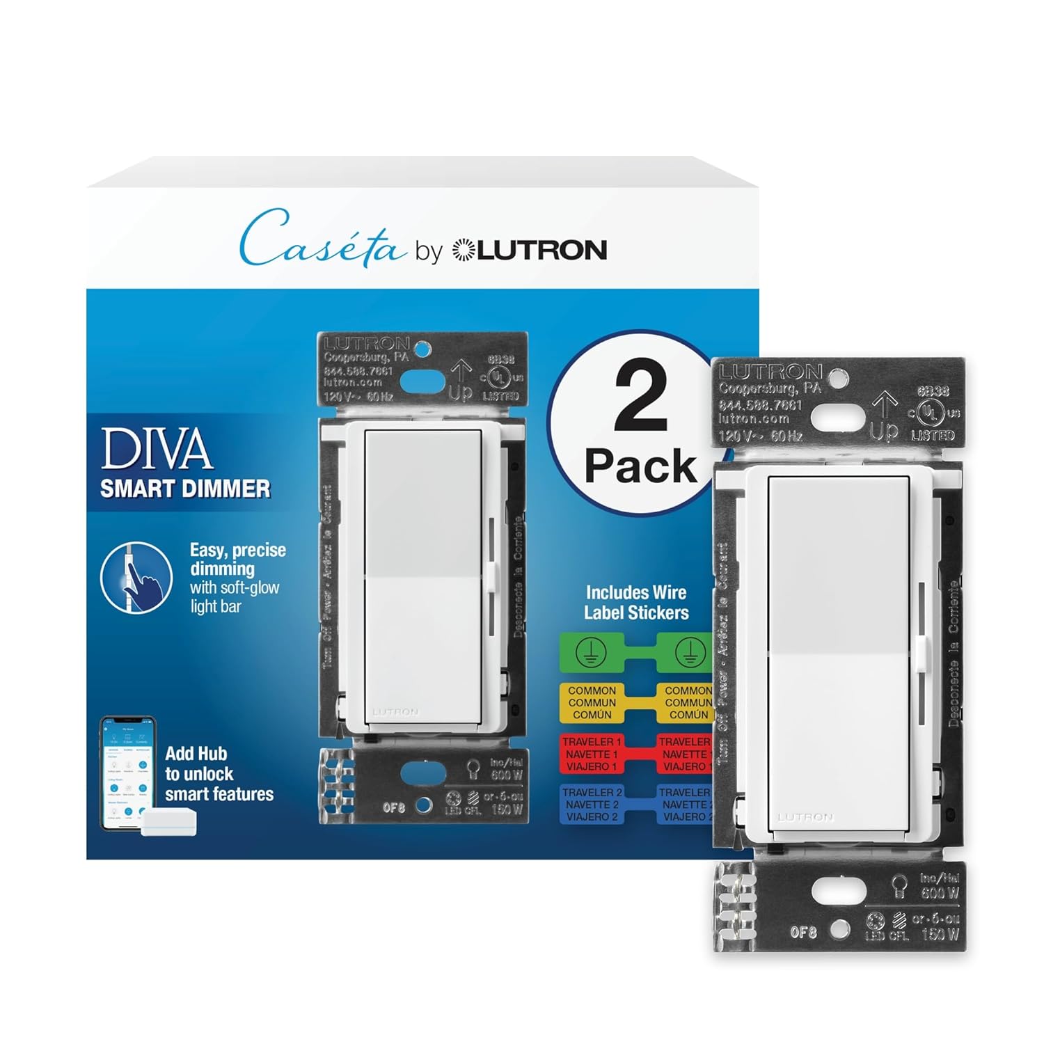 Lutron Diva Smart Dimmer Light Switch for Caseta Lighting (Lutron Smart Hub Required), for LED Lights, 150W, Single-Pole/3-Way, No Neutral, White, 2 Pack (DVRF-6LS-WH-2)