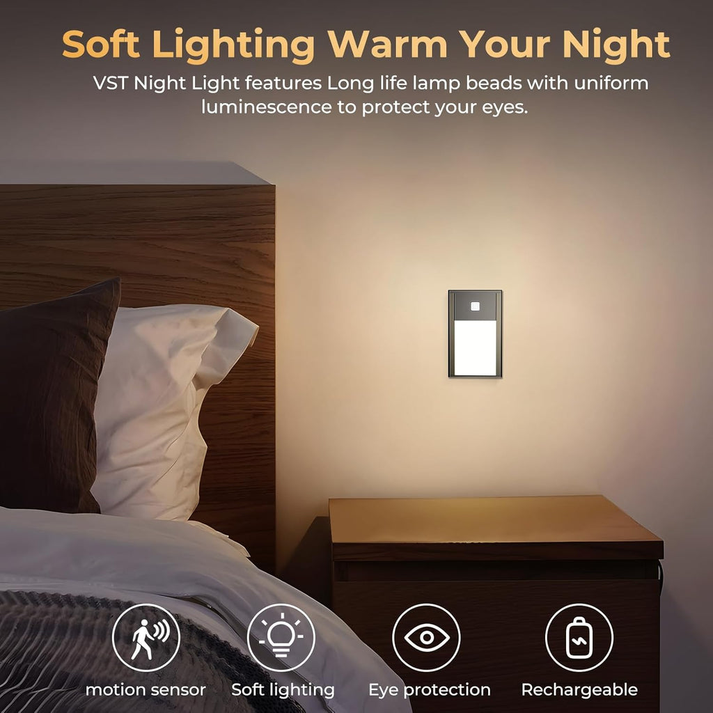 VST Motion Sensor Step Night Lights, Rechargeable Battery Powered Stair Lights with Magnetic Suck Installation for Indoor Bedroom Hallway Stair Nursery Kids Room (2.68 inch 3000K 3Pack Black)