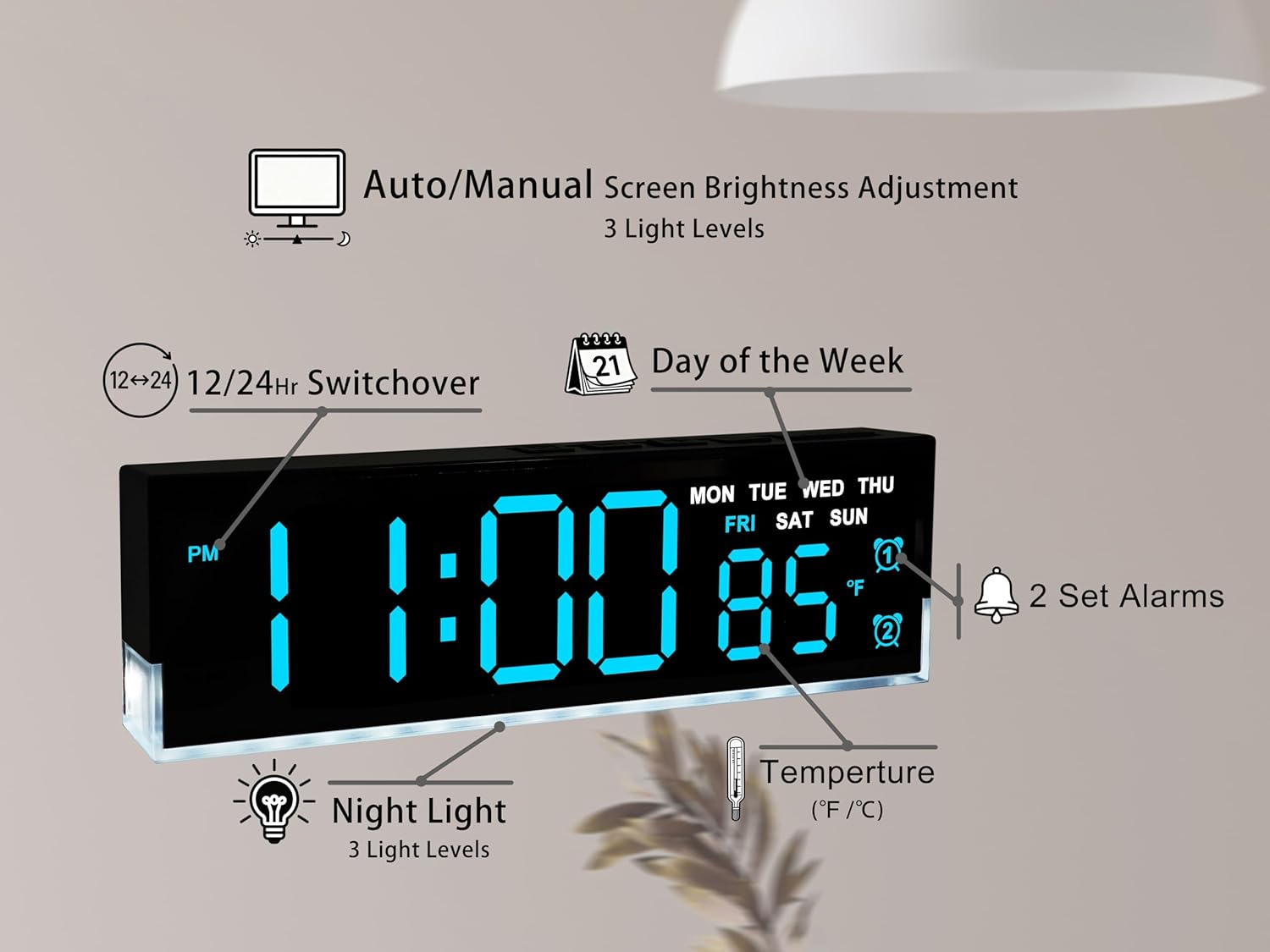 zyzamay 7 Inch Modern LED Digital Alarm Clock with Dual Alarms & Soft Bottom Light｜Displays Time, Date, Day, Temperature｜3-Level Auto/Manual Brightness, DST, USB or Battery Powered Desk Clock,Blue