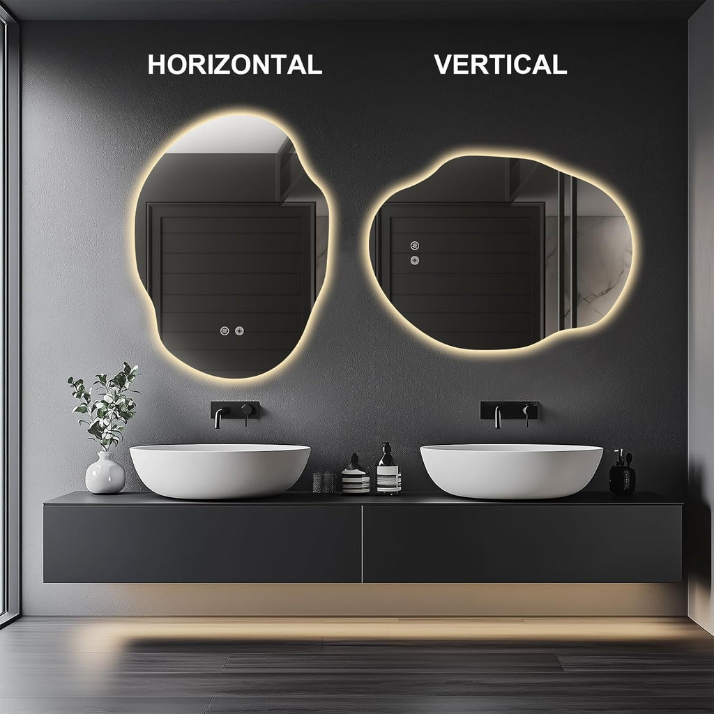 Irregular LED Bathroom Mirror with Lights,Asymmetrical Led Bathroom Vanity Mirror for Wall with Backlit, Anti Fog, 3 Colors and Dimmable Light,[Horizontal/Vertical] 30" H x 22" W