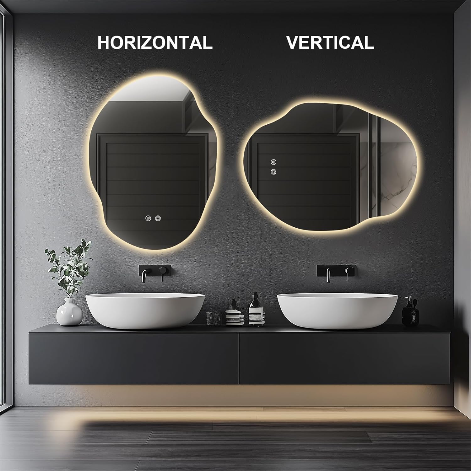 Irregular LED Bathroom Mirror with Lights,Asymmetrical Led Bathroom Vanity Mirror for Wall with Backlit, Anti Fog, 3 Colors and Dimmable Light,[Horizontal/Vertical] 30" H x 22" W