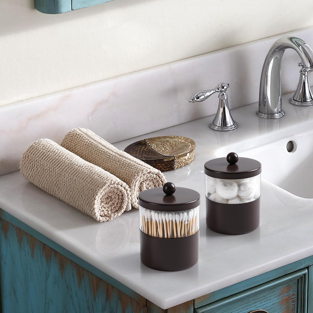 Gaussra Bronze Qtip Holder, Bathroom Jar - Stainless Steel Apothecary Jars with Stickers - Farmhouse Decor Qtip Dispenser for Qtips, Cotton Balls, Swabs, Makeup Sponges (2-Pack)