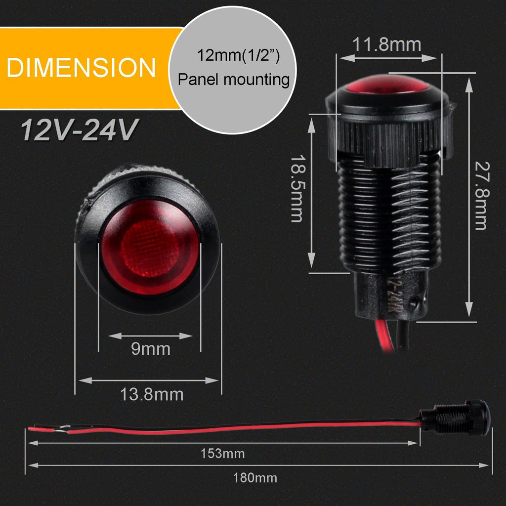 5pcs 12mm 12V-24V LED Indicator Light Plastic Black Signal Dot Lamp 12V-24V 1/2 inches Mounting Hole Size with 15cm/5.9in. Wire (Mix:Red White Yellow Blue Green)