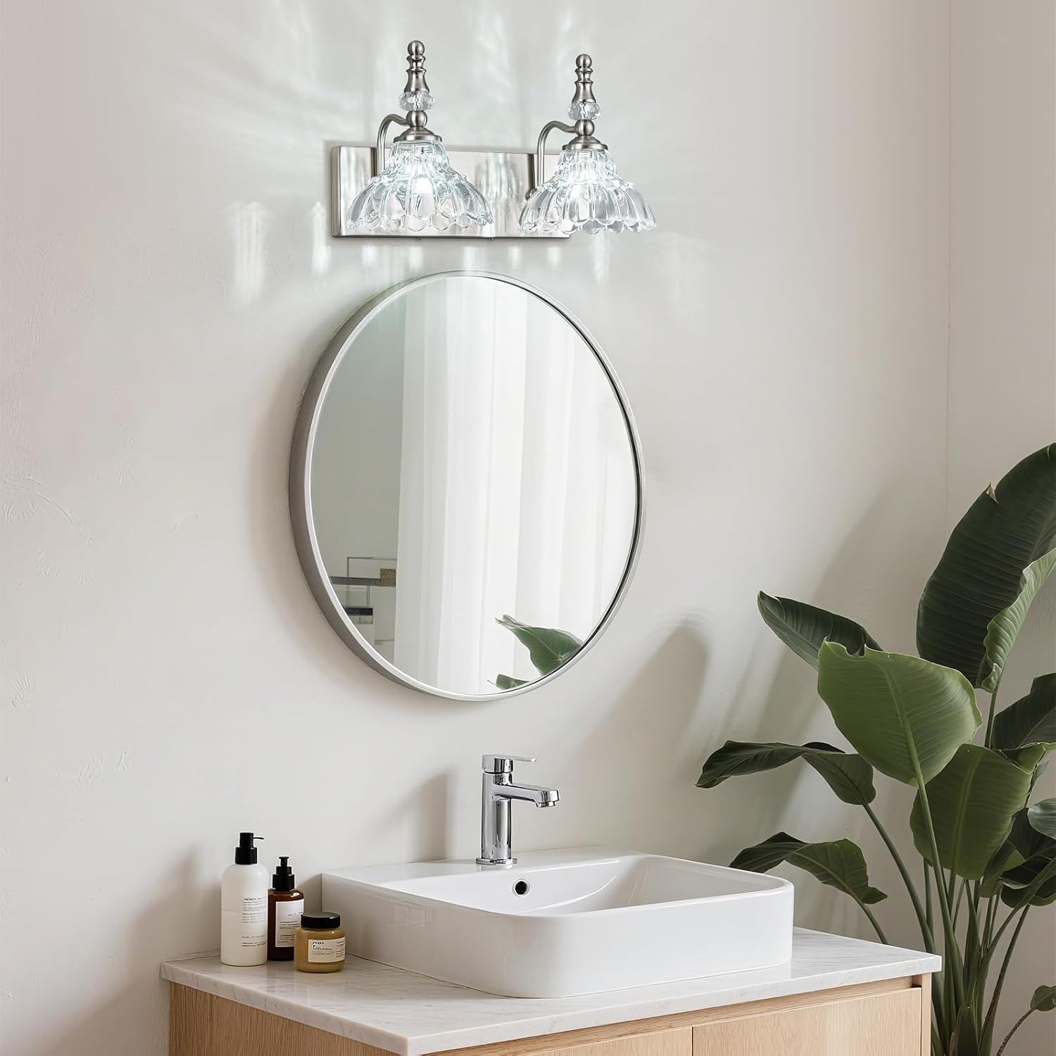 Vintage Bathroom Vanity Light, 2-Light Brushed Nickel Vanity Lighting Fixture with Flower Glass Shade, Bathroom Lighting Fixtures Over Mirror