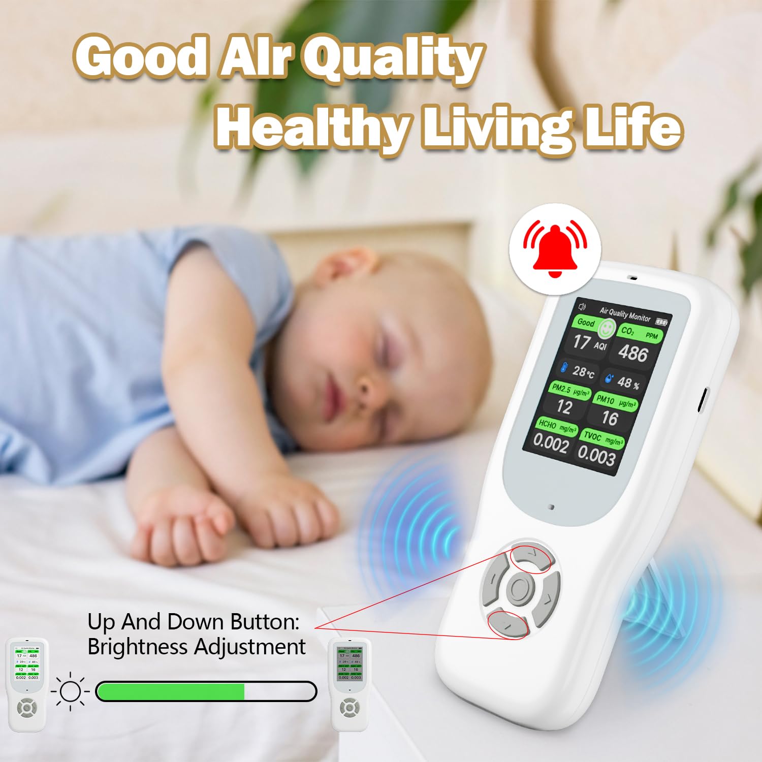 11-in-1 Air Quality Monitor - Portable Indoor Air Quality Detector with Stand, Real-Time Test for AQI, CO2, PM2.5, PM1.0, PM10, TVOC, HCHO, Particles, Temperature & Humidity with Aler (White-Black)