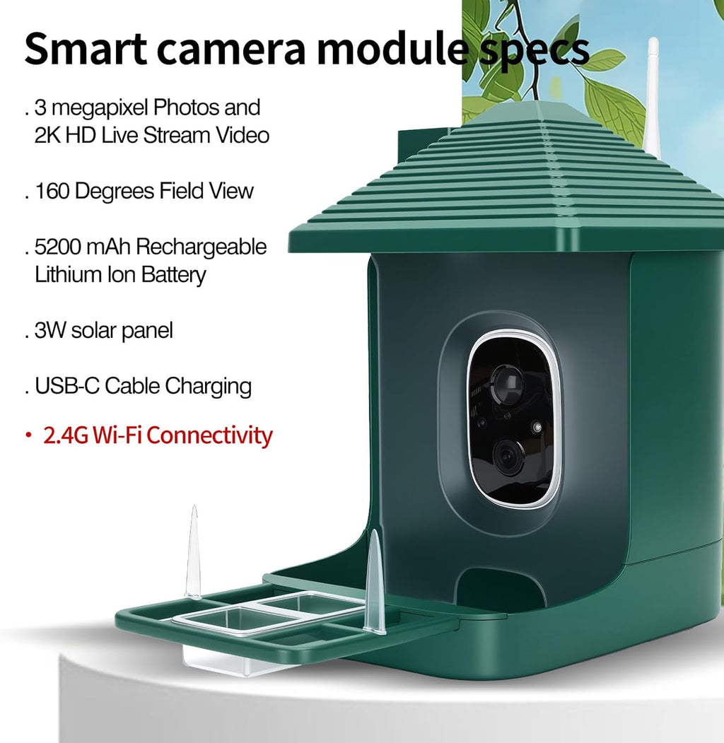 Bird Feeder with Camera,Smart Watching Birds,AI Identify Species 2K Live Video,2.4GHZ WiFi Solar Birds House Cameras for Outdoors,Motion Detection Instant Arrival Alerts,Ideal Present for Birds Lovers