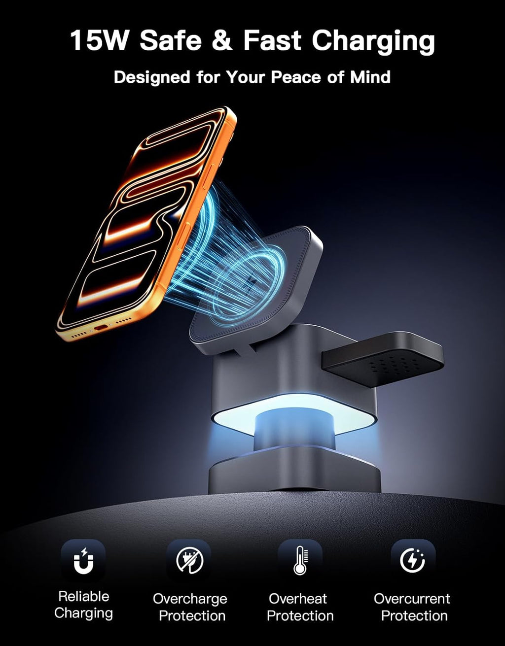 3 in 1 Wireless Charging Station, Wireless Charger with Night-Lamp & Retractable Design, Phone Wireless Charger Fast Charger for Phone 17/16/15/14/13/12/11/X Pro/Max/Plus/Watch/pods