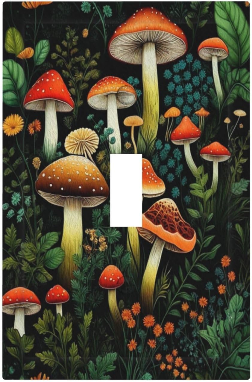 Decorative Light Switch Plate Covers Boho Red Mushroom Green Leaf Plants Floral 3 Gang Wall Plate Switch Cover Plate Triple Toggle Jumbo Electrical Faceplate for Bedroom Home Decor