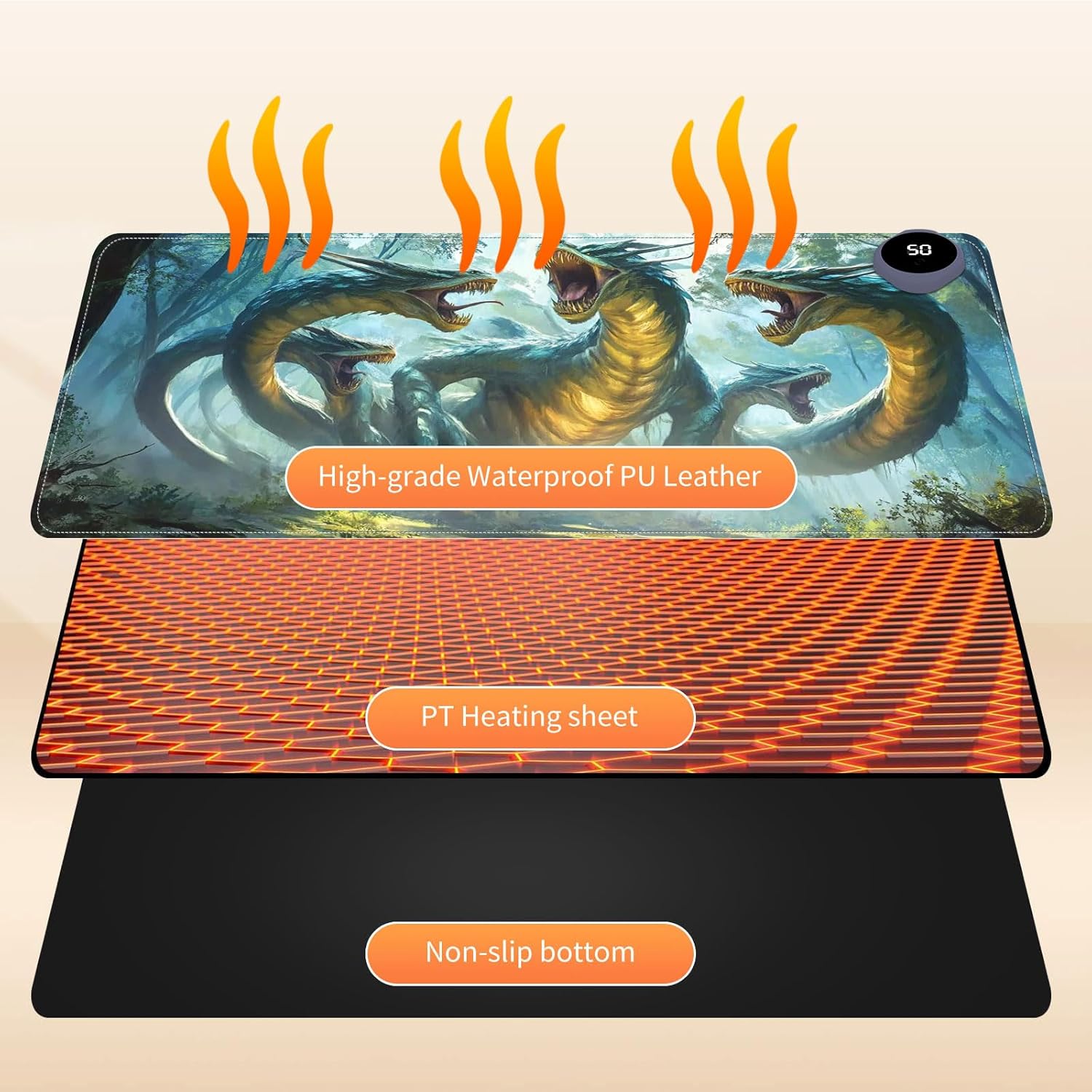 Small Heated Desk Pad 23.6" x 14.2" – Compact Electric Mouse Pad with 3 Heating Levels, Auto Shut-Off, Waterproof PU Surface, Plug-in Warmer for Office or Home Use, Serpent Beast