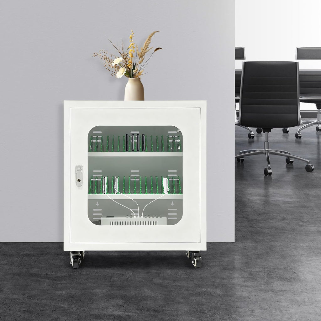40-Port Mobile Phone Charging Station Cart - Heavy Duty Charging Cabinet for Schools & Offices, 400W Rechargeable Cellphone Locker Storage Lockable Tempered Glass Door & Wheels (White)