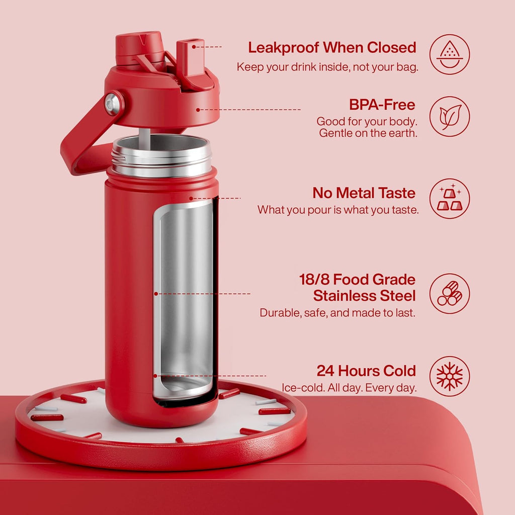 ENCOOL Insulated Water Bottle with Straw Stainless Steel Water Bottle, Leak-Proof, BPA-Free, Double Wall Vacuum Keeps Cold for 24 Hours for Sports, Travel, School (18 oz, Medium Carmine)
