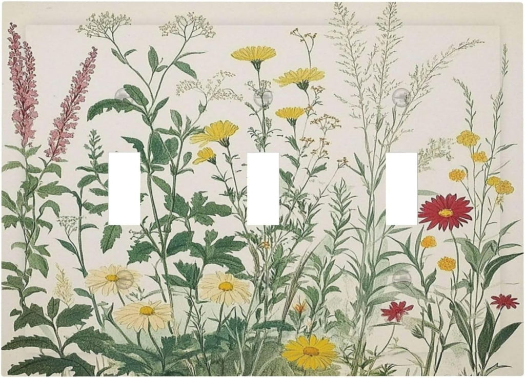 Rustic Wildflower Green Plants Daisy Floral Decorative Switch Plates 3 Gang Wall Plate Triple Toggle Light Switch Cover Faceplate Electrical Wall Panels For Farmhouse Bed Room Decor