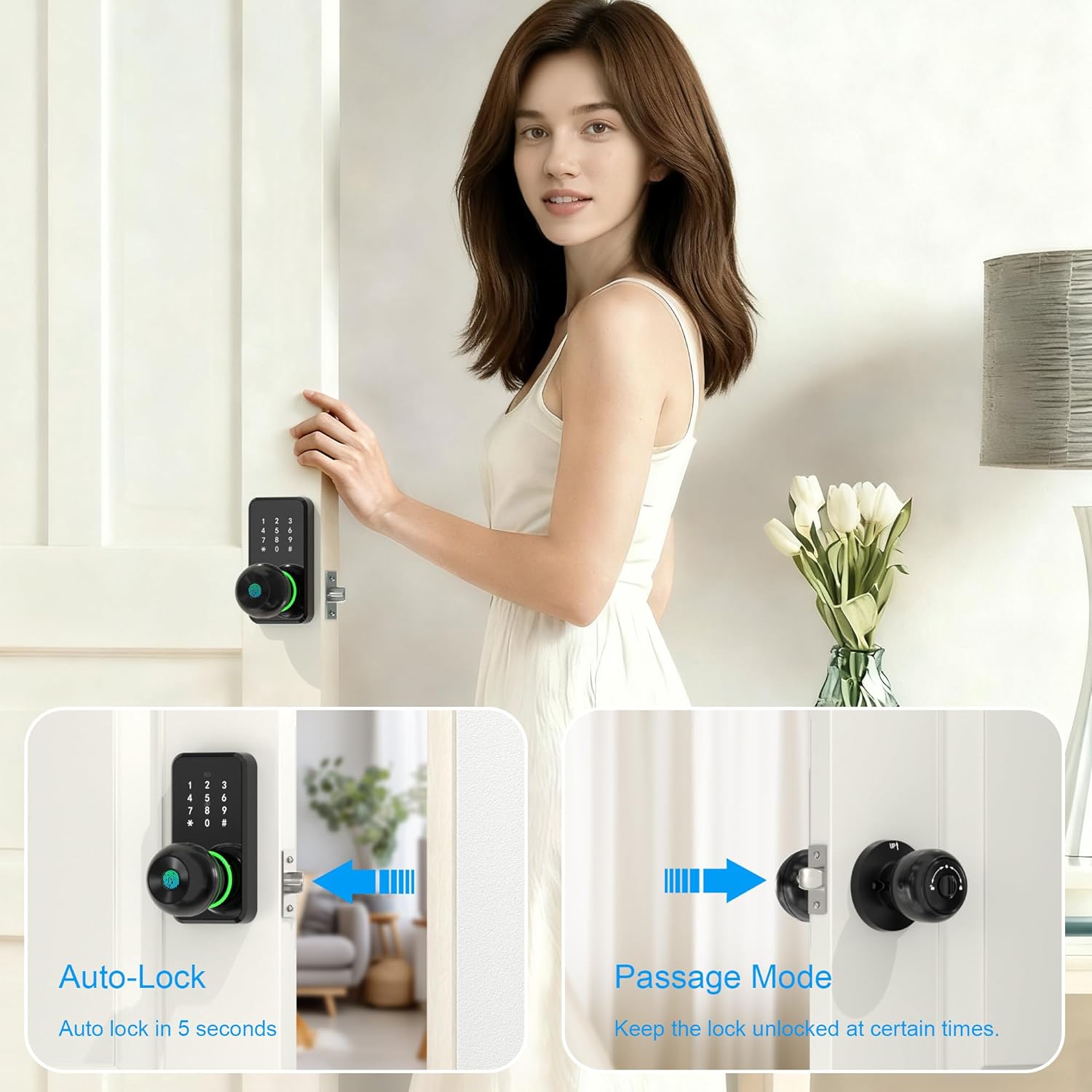Smart Door Lock with Knob, LinkThai Keyless Entry Fingerprint Lock with Touchscreen Keypad, Electronic Knob Digital Lock for Front Door, Easy Installation