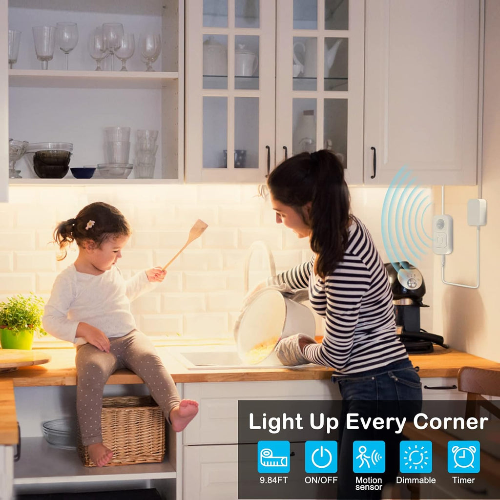Motion Sensor Under Cabinet Lights - Plug-in LED Strip Lights Indoor with Power Adapter, Dimmer and Timer for Kitchen Cabinet, Counter, Shelf, Showcase, Stairway, Bedroom, Corridor, Washroom