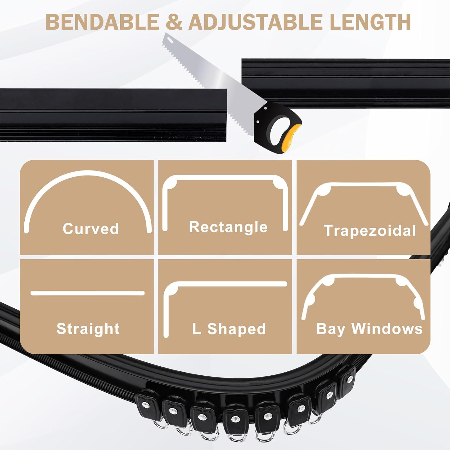 Aluminum Ceiling Curtain Track Set with Hooks Ceiling Mount and Wall Mount Room Divider Sliding Curtain Tracks Rods Flexible Heavy Duty Curtain Rail Hook Sets,Black,15FT