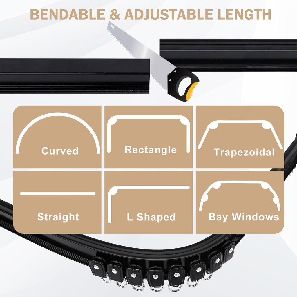 Aluminum Ceiling Curtain Track Set with Hooks Ceiling Mount and Wall Mount Room Divider Sliding Curtain Tracks Rods Flexible Heavy Duty Curtain Rail Hook Sets,Black,18FT