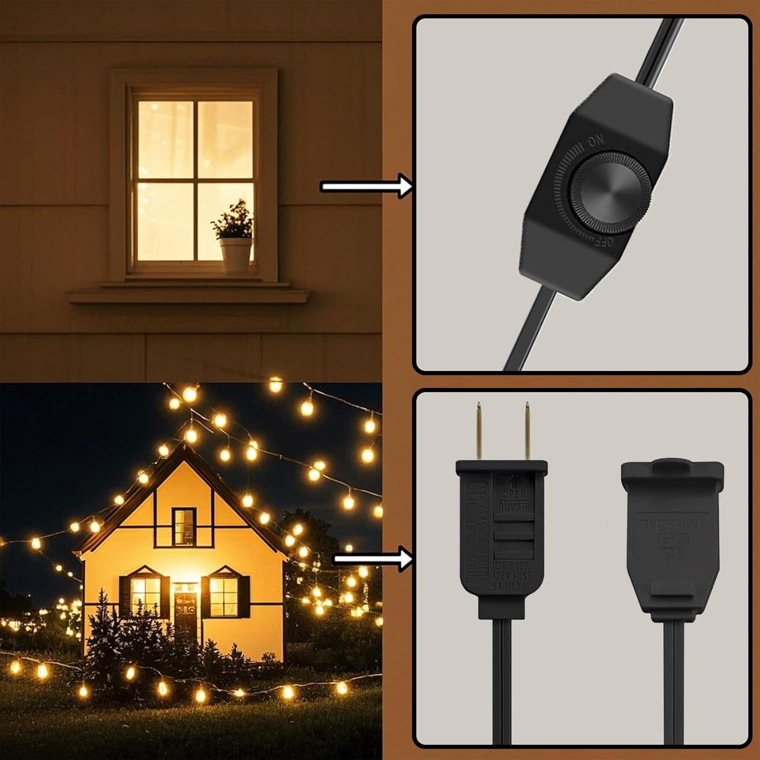 Lamp Dimmer Switch Extension Cord Plug in Dimmer - Rotary Control for 150 Watt Dimmable Lights - Christmas Village Houses Lights Cord Salt Light - 6 ft Cord