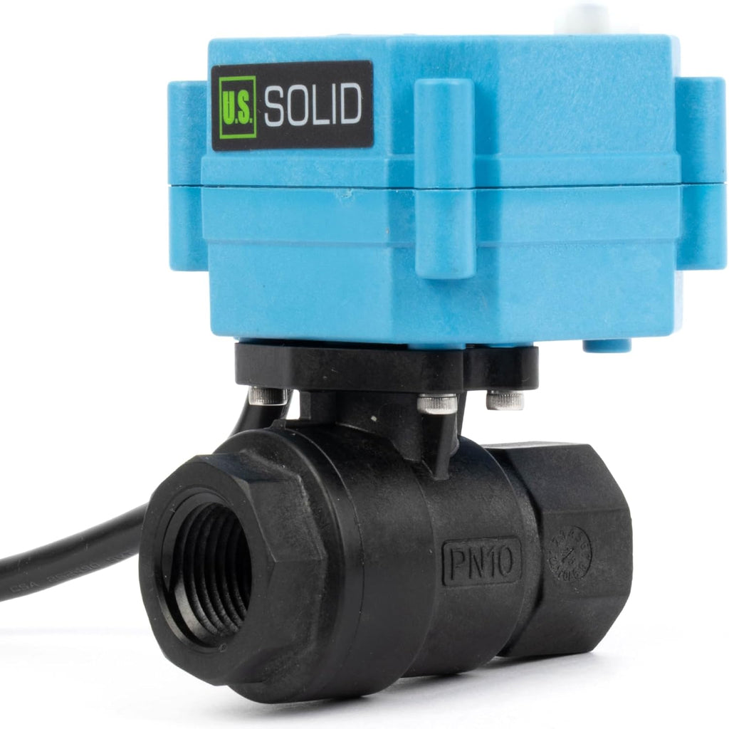 U.S. Solid 1/2” PPE Motorized Ball Valve with US Plug - Plastic Electrical Ball Valve, 2 Wire Auto Return, AC 110~230V, Normally Closed