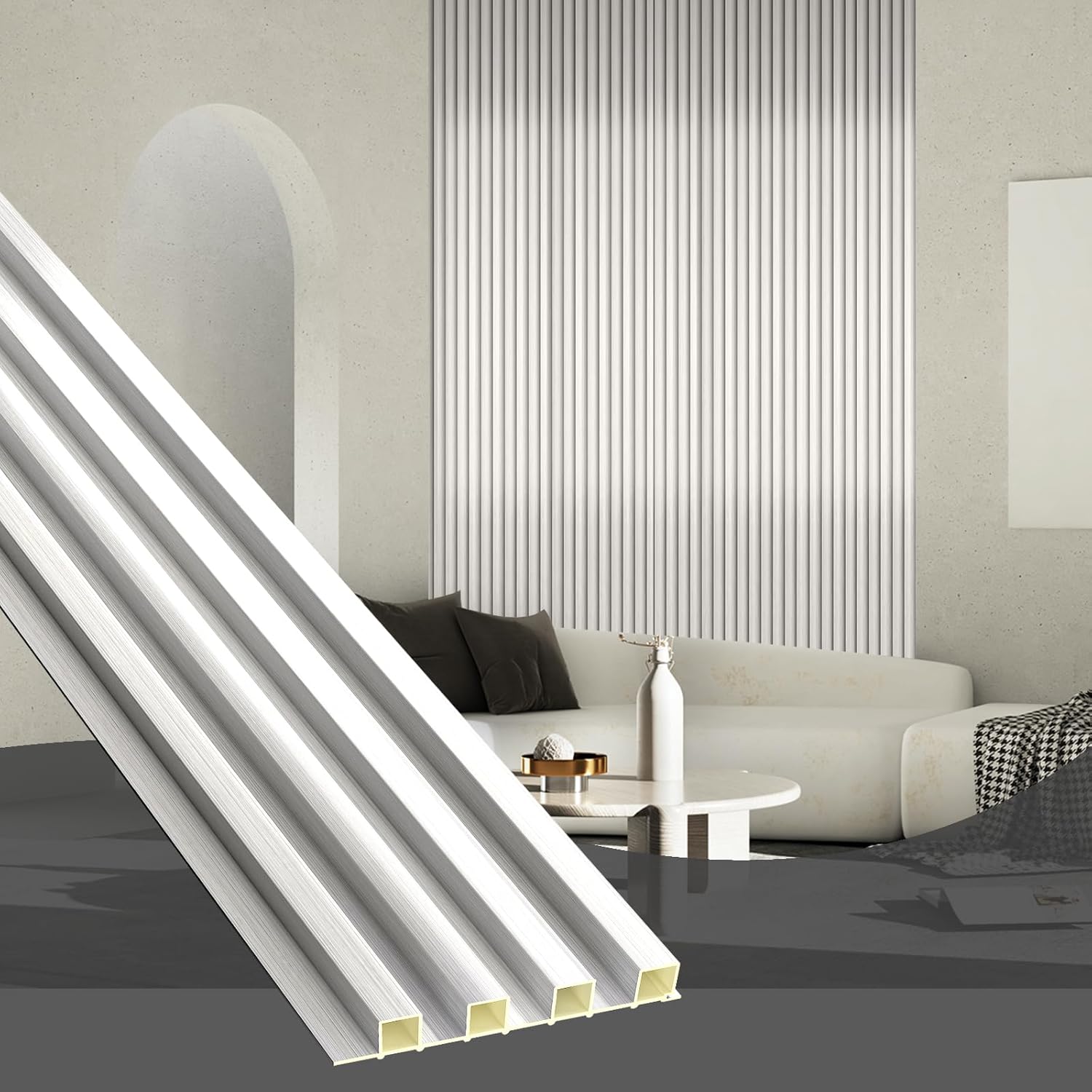OUZUGIE WPC Acoustic Slat Wall Paneling, 8-Pack 114 x 6 Inches 3D Wall Panels for Interior Wall Decor,Living Room,TV Background,Study Room,Office Spaces,Bedroom,High Grille (Metallic Silver)