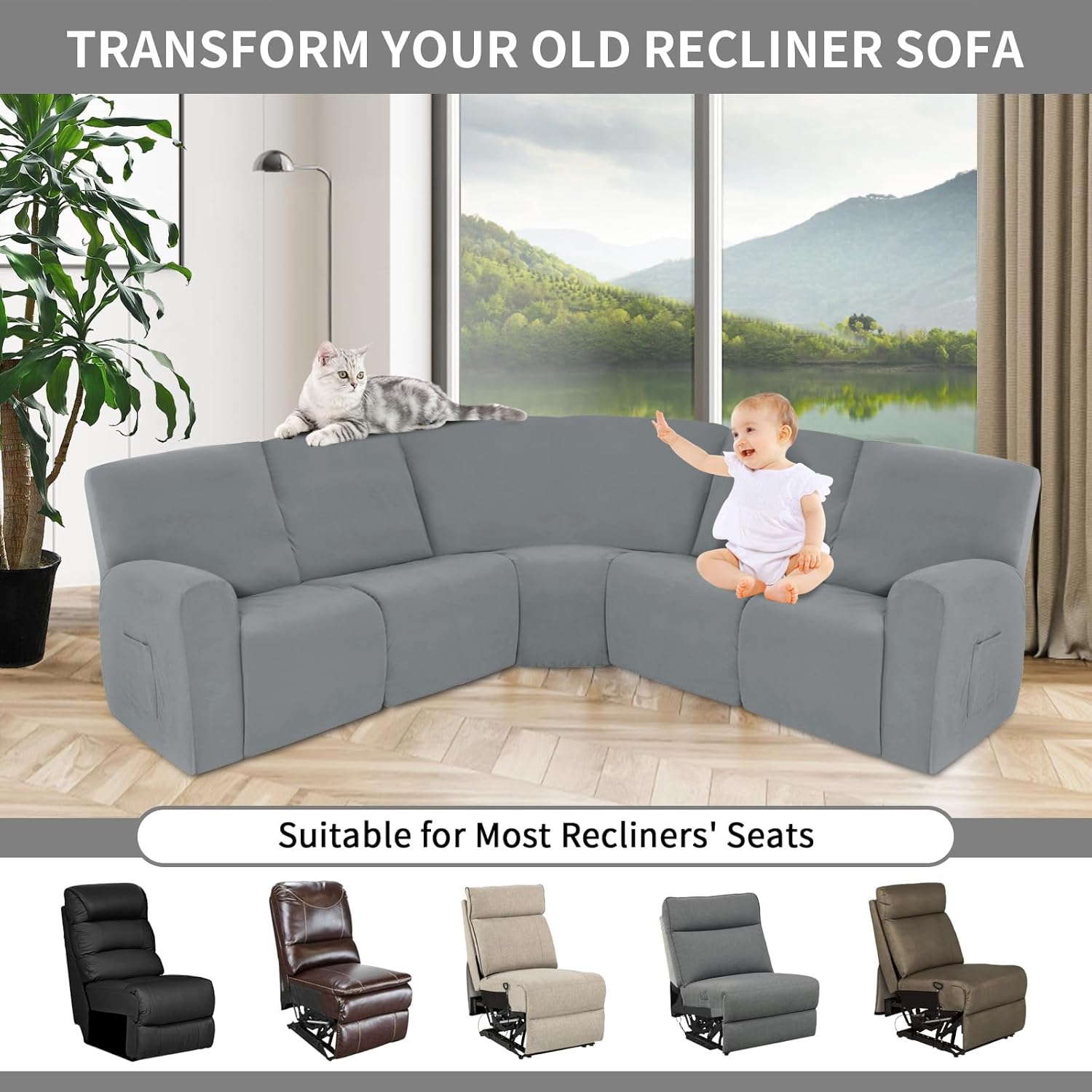 Easy-Going 100% Waterproof Recliner Cover Additional Seat Cover for Reclining Couch, Stretch Sofa Covers Washable Furniture Protector for Kids & Pets, 1 Seat, Light Gray