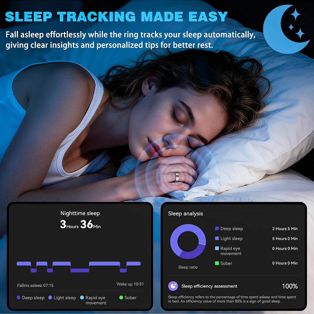Smart Ring Fitness Tracker for Women - Health Heart Rate Ring with Sleep Monitoring, SpO2 Tracking, No Subscription Fee, Family Care (Silver 9)