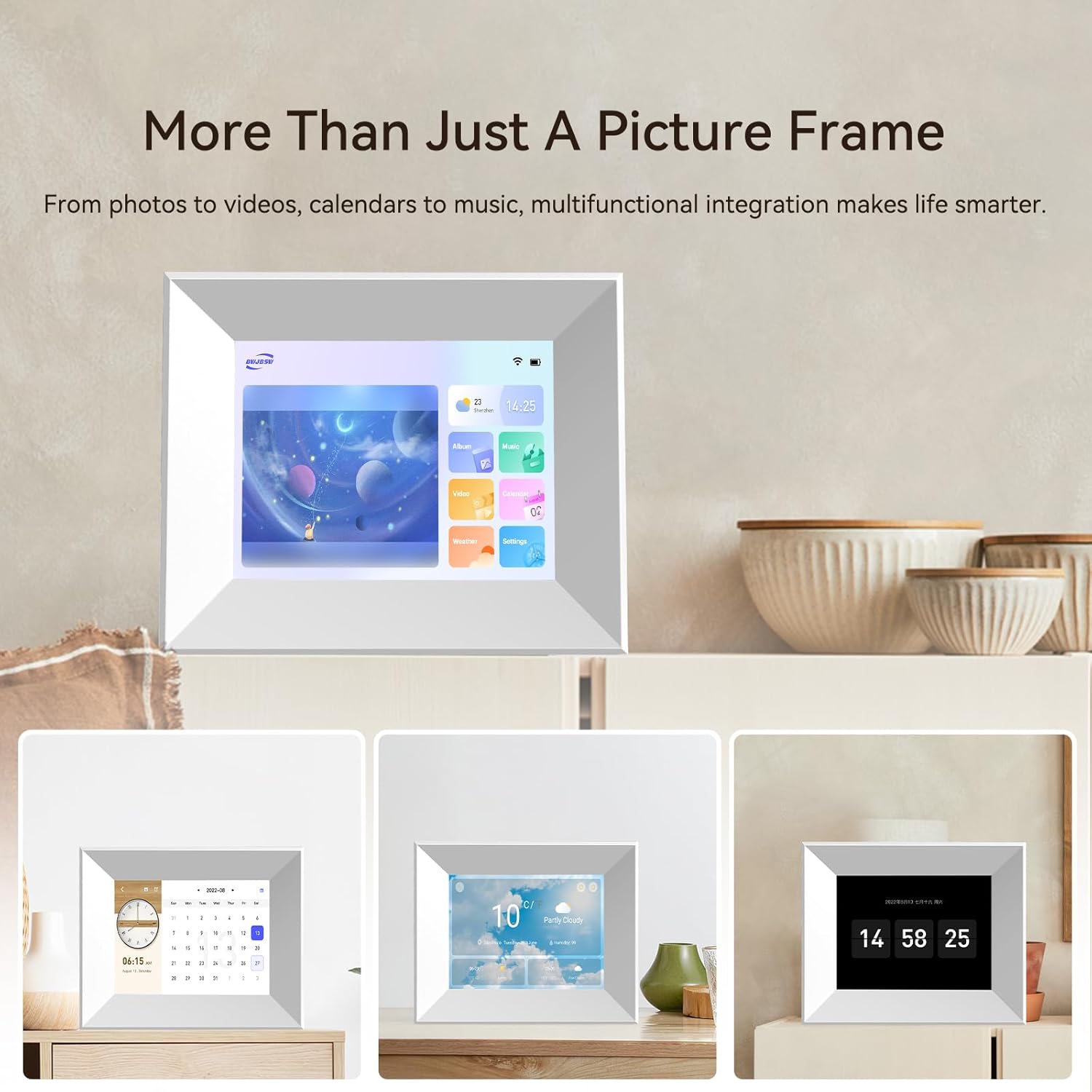 8-Inch Digital Picture Frame with WiFi, Wood Finish Frame Smart Photo Frame HD IPS Touch Screen with 16GB Storage – Easy Photo & Video Sharing from Anywhere – Ideal Gift for Family, White