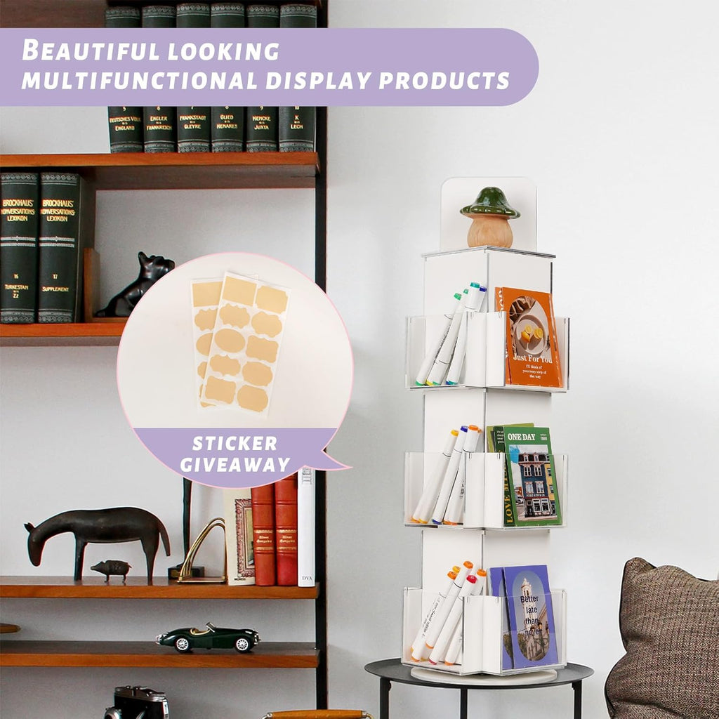 Natheeph Rotating Display Stand Greeting Card Display Wooden Display Rack with Two Card Sticker for Greeting Card Vendor Coffee Bag 3 Tier Tabletop Display Stand (White)