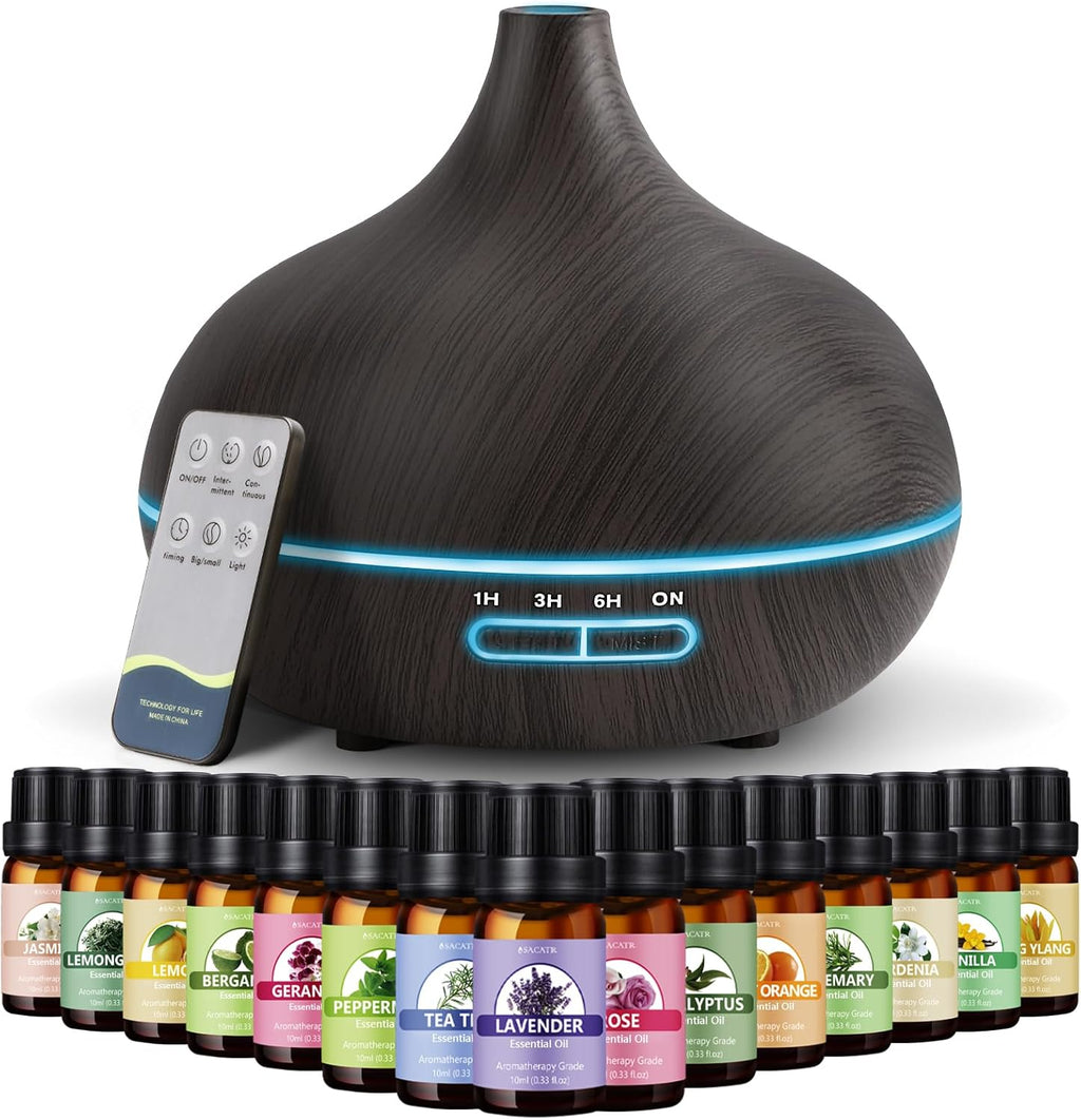 SACATR 550ml Oil Diffuser with 15x10mL Essential Oils, Ultrasonic Technology, Remote Control for Home Office