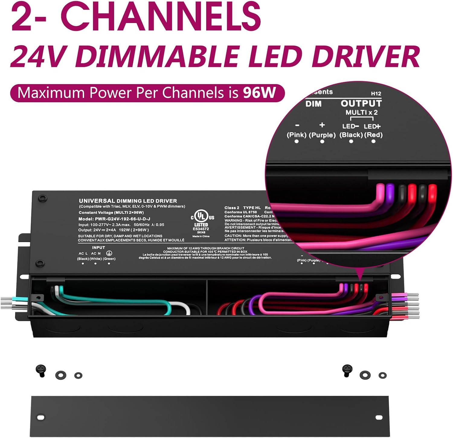 EMITEVER 192W Dimmable LED Driver, 24V 5-in-1 Dimmable Power Supply,2-Channels AC to DC Transformer for LED Light, Compatible with Lutron and Leviton Dimmer, Waterproof IP67 and UL Listed, Class 2