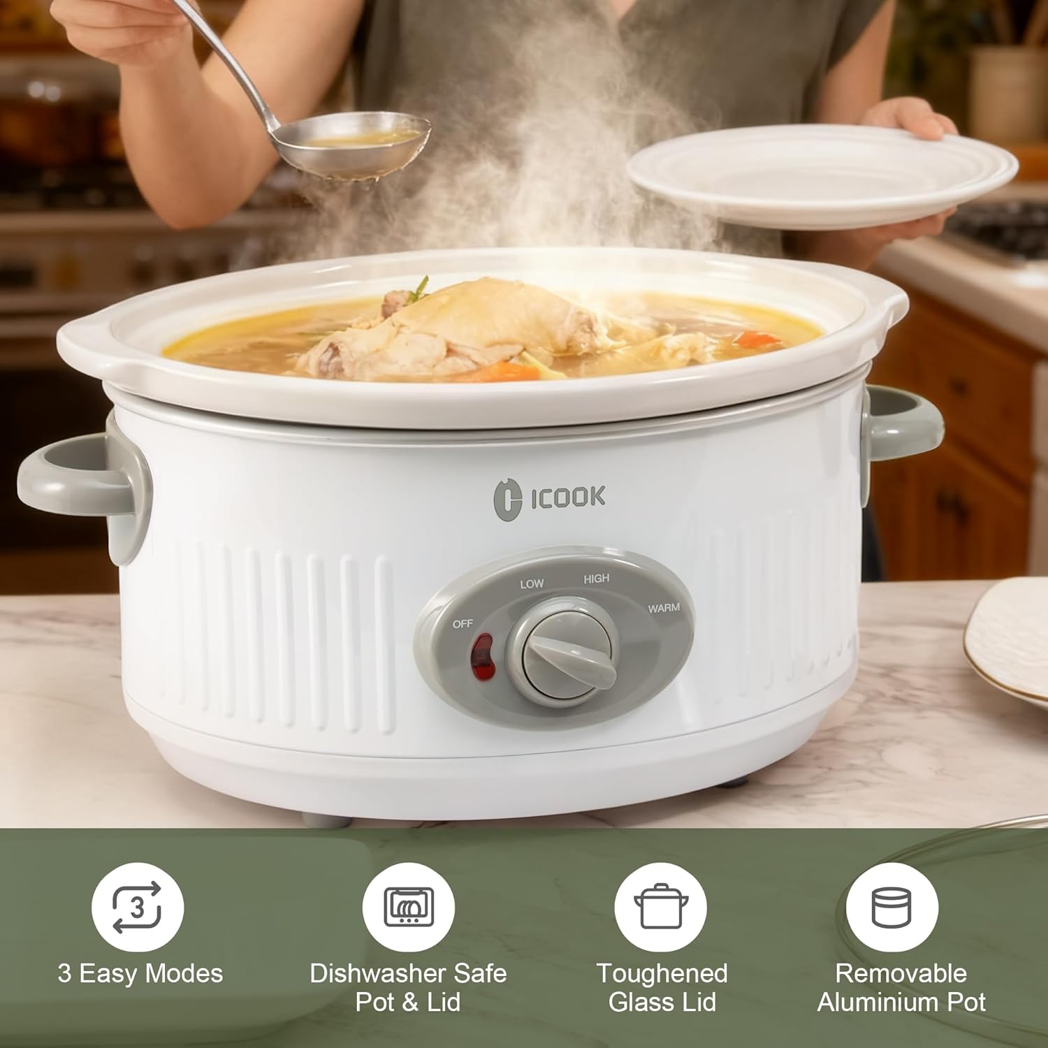 3.5 Quart Slow Cooker with 3 Heat Settings, Non-Stick and Dishwasher Safe, Removable Ceramic Pot Tempered Glass Lid, Cool Touch Handles for Entrees, Soups, Stews, Ivory White