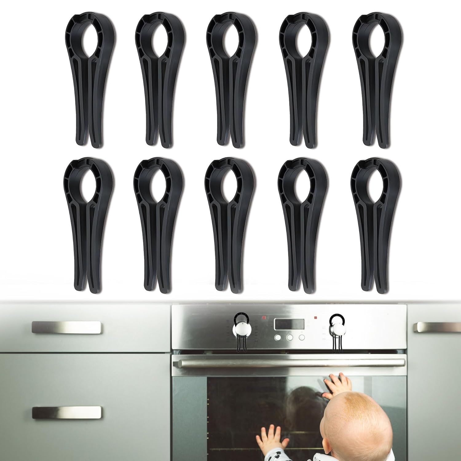 10 Pcs Gas Stove Knob Safety Locks - Household Protection Locks for Gas and Electric Stoves, Heat Resistant Knob Guards with Gap-fit Design, Universal Fit for Knob Gaps Over 0.27 Inches, Black