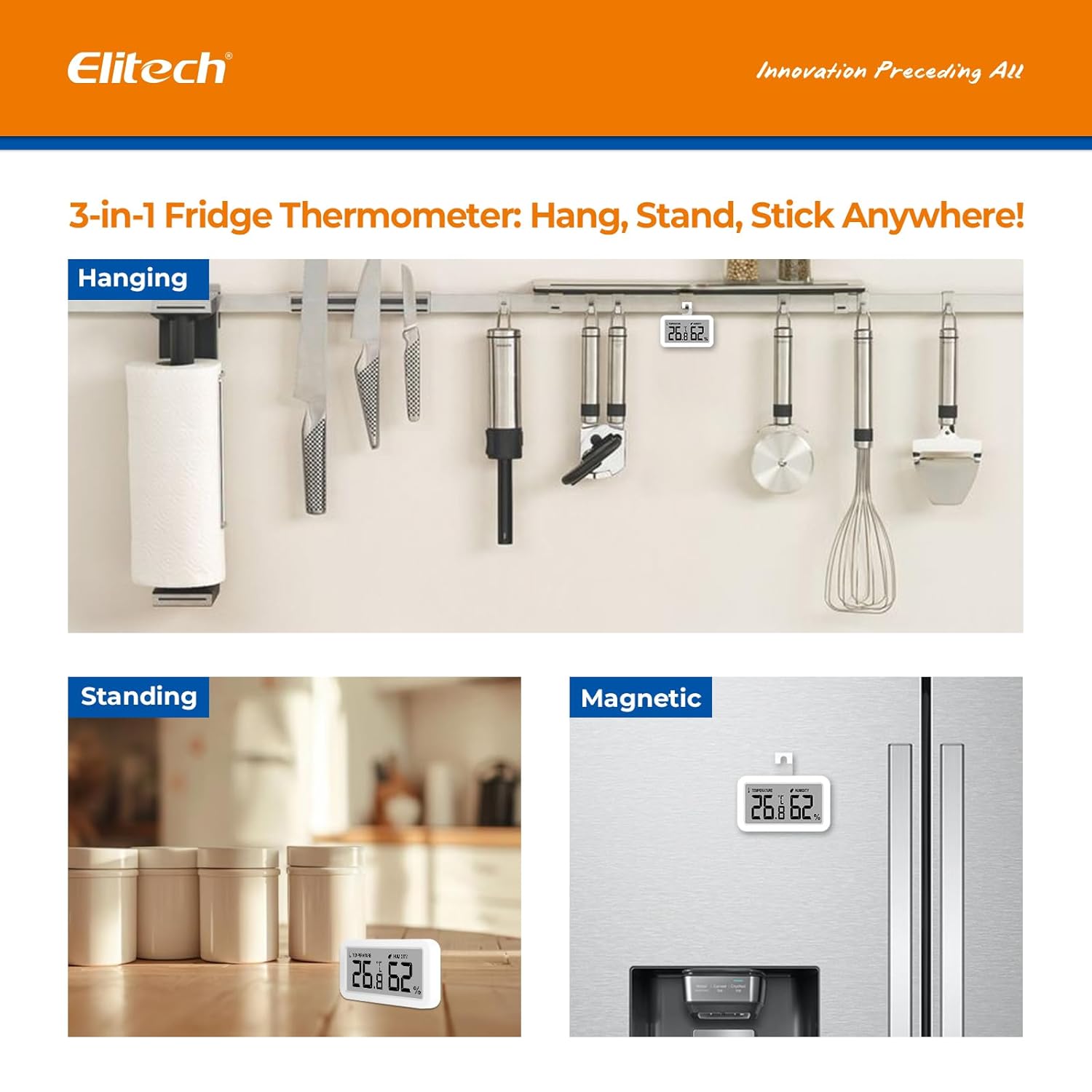 Elitech Fridge Thermometer Hygrometer Digital Freeze Refrigerator Thermometer Waterproof Large LCD Display TM-2TH