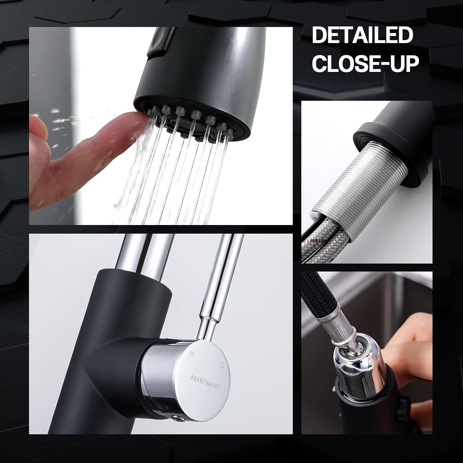 WEWE Kitchen Sink Faucet, Pull Down Kitchen Faucet, Black and Chrome Kitchen Faucet with Sprayer Stainless Steel Single Handle one or Three Hole for Laundry bar Kitchen Sinks