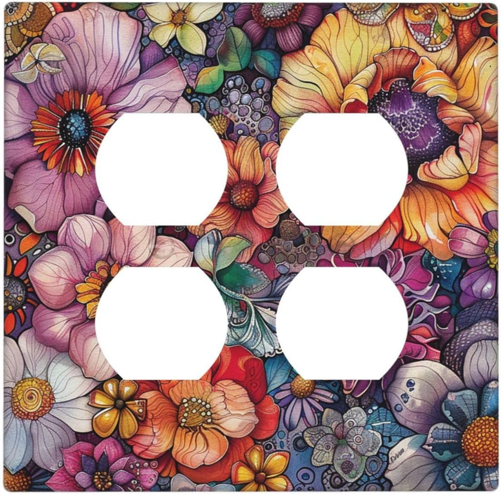 Outlet Covers Colorful Bohemian Flowers Vintage Boho Floral 2 Gang Double Duplex Decorative Light Switch Covers Electrical Wallplates Socket Faceplate for Bed Room living Room Decor