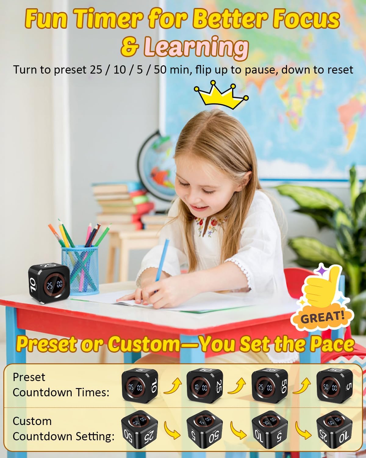 Pomodoro Timer Cube Visual Productivity Flip Timer for Kids Classroom Desk, 5/10/25/50min&Custom Countdown, Silent&Sound Mode Digital Cube for ADHD Study Work School Game Kitchen (Black)