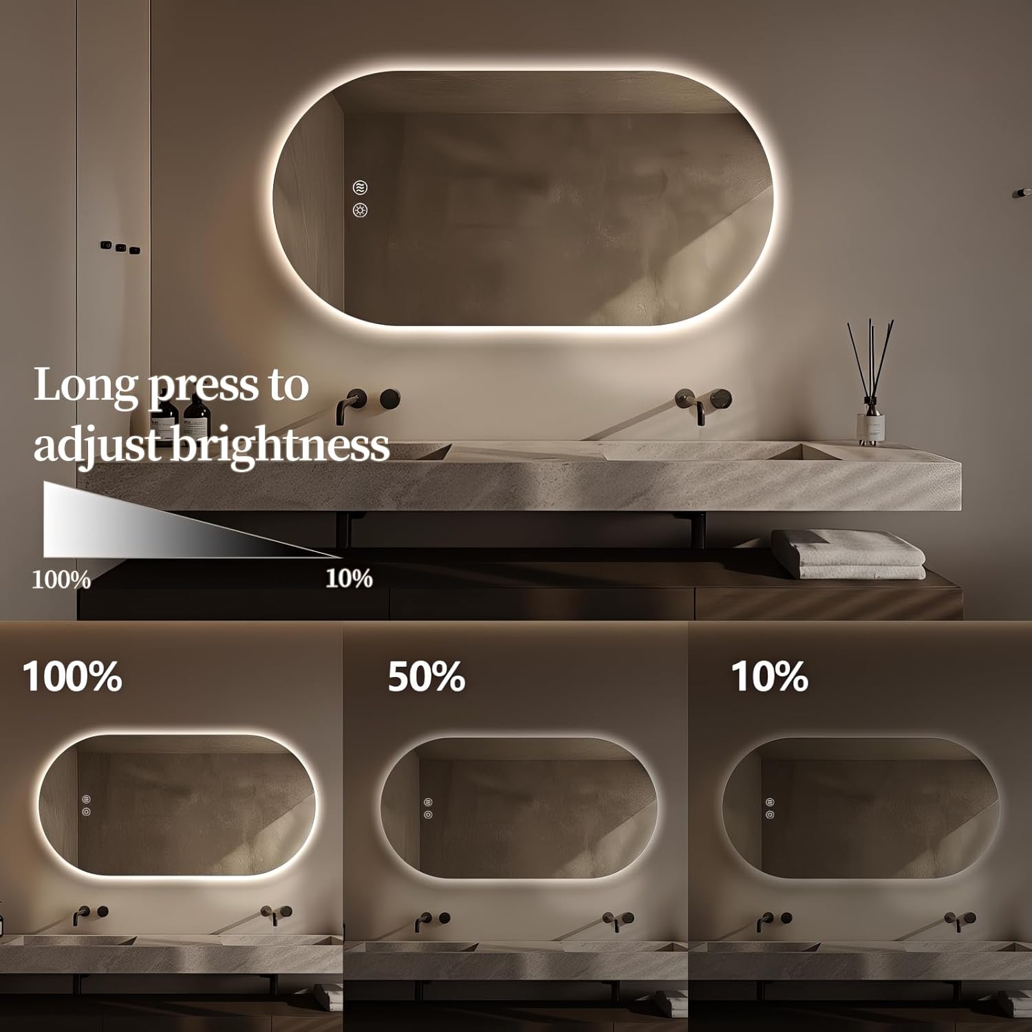 Niccy Oval LED Bathroom Vanity Mirror, 55x28inch Frameless Backlit Mirror with Light, Smart Anti-Fog Waterproof Mirror with Memory Function Dimmable Lighted Mirror