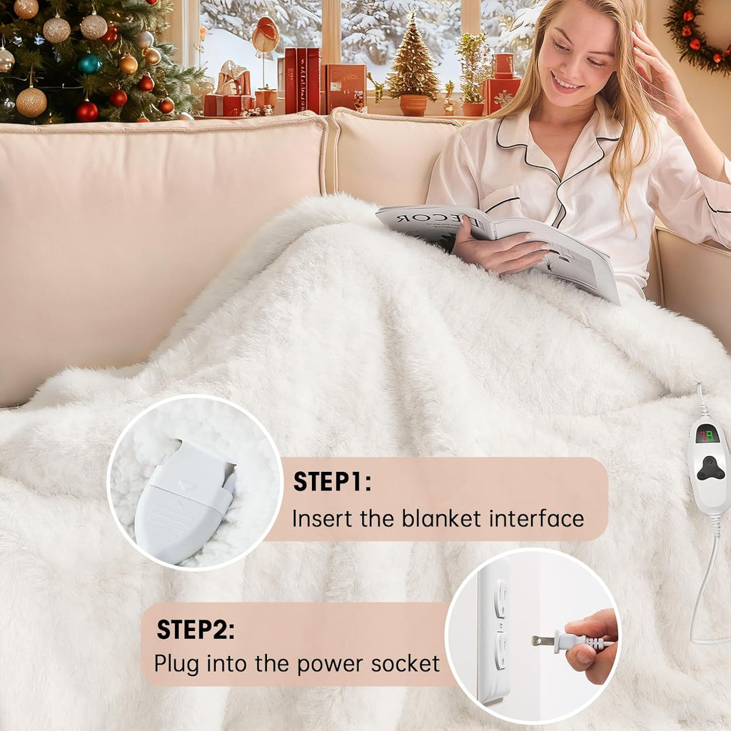 Heated Electric Blanket Throw–Faux Fur with Soft Thick Sherpa,Warm Winter Birthday Gifts for Women Grandma,10 Heat Settings,5 Time Settings with Fast Heating, 50x60, Snow Cloud
