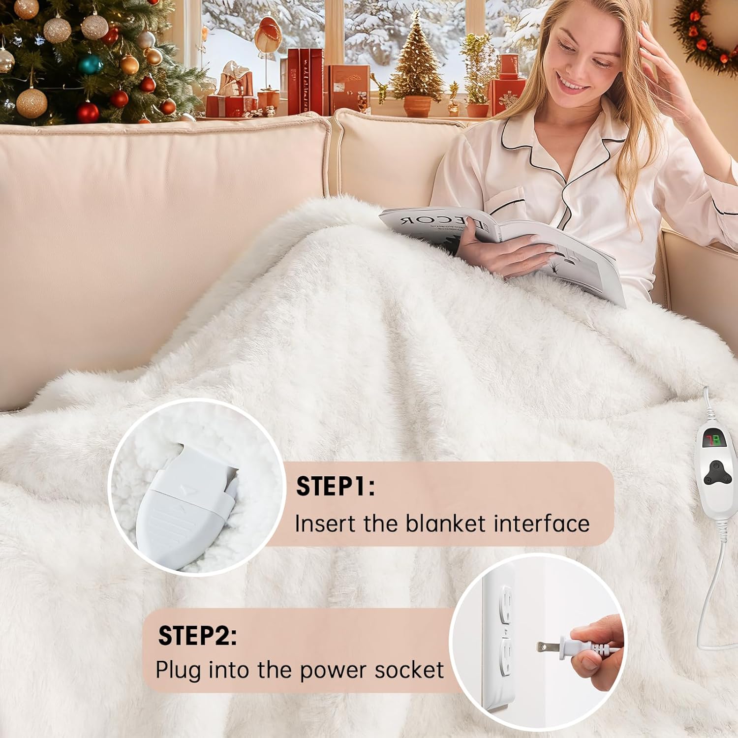 Heated Electric Blanket Throw–Faux Fur with Soft Thick Sherpa,Warm Winter Birthday Gifts for Women Grandma,10 Heat Settings,5 Time Settings with Fast Heating, 50x60, Snow Cloud
