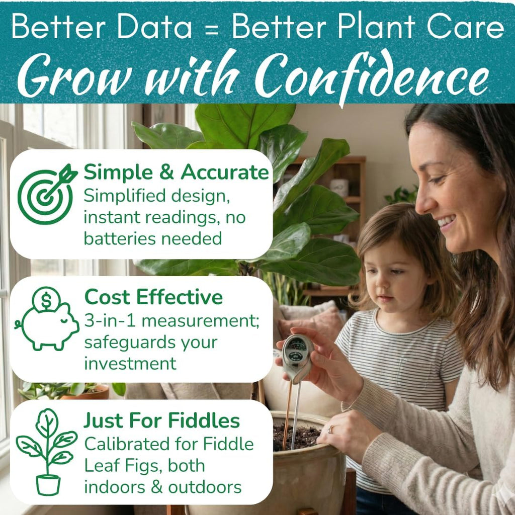 Houseplant Resource Center Fiddle Leaf Fig 3-in-1 Soil Moisture Meter for Plants – Best Indoor Plant Water Meter for Potted Houseplants - Light & Moisture Sensor Probe for Optimal Growth