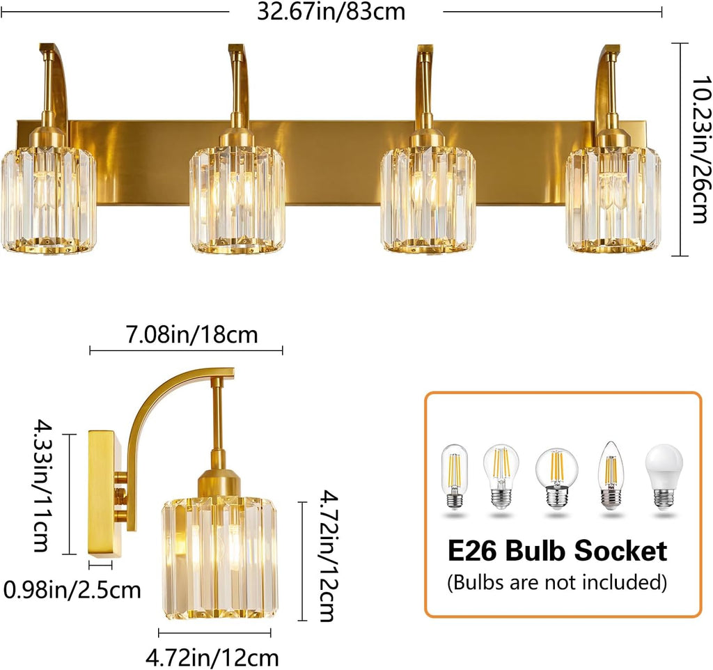 4-Light Crystal Vanity Light, Modern Gold Bathroom Wall Sconce with K9 Crystal Shades, 32.67" Long Over Mirror Lighting for Vanity, Makeup, Hallway, Elegant & Easy Install