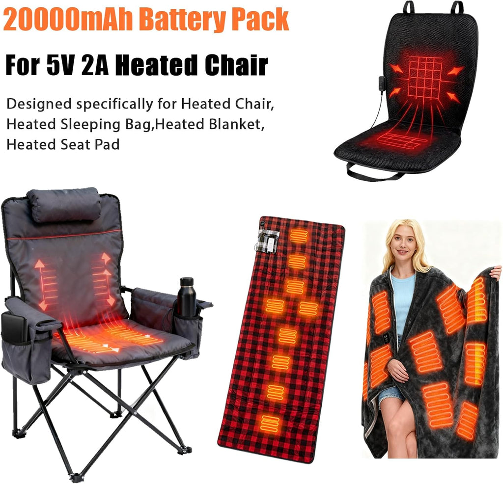 5V2A Battery Pack for Heated Camping Chair, Heated Blanket, Heated Hunting Seat Pad, Heated Sleeping Bag USB Power Bank for Camping Work (Battery Only) (Black, Milliamp Hours, 20000)